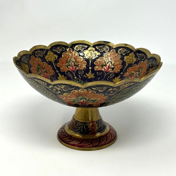 VTG Bohemian Brass Enamel Peacock Scalloped Pedestal Bowl Made in India - Picture 1 of 6